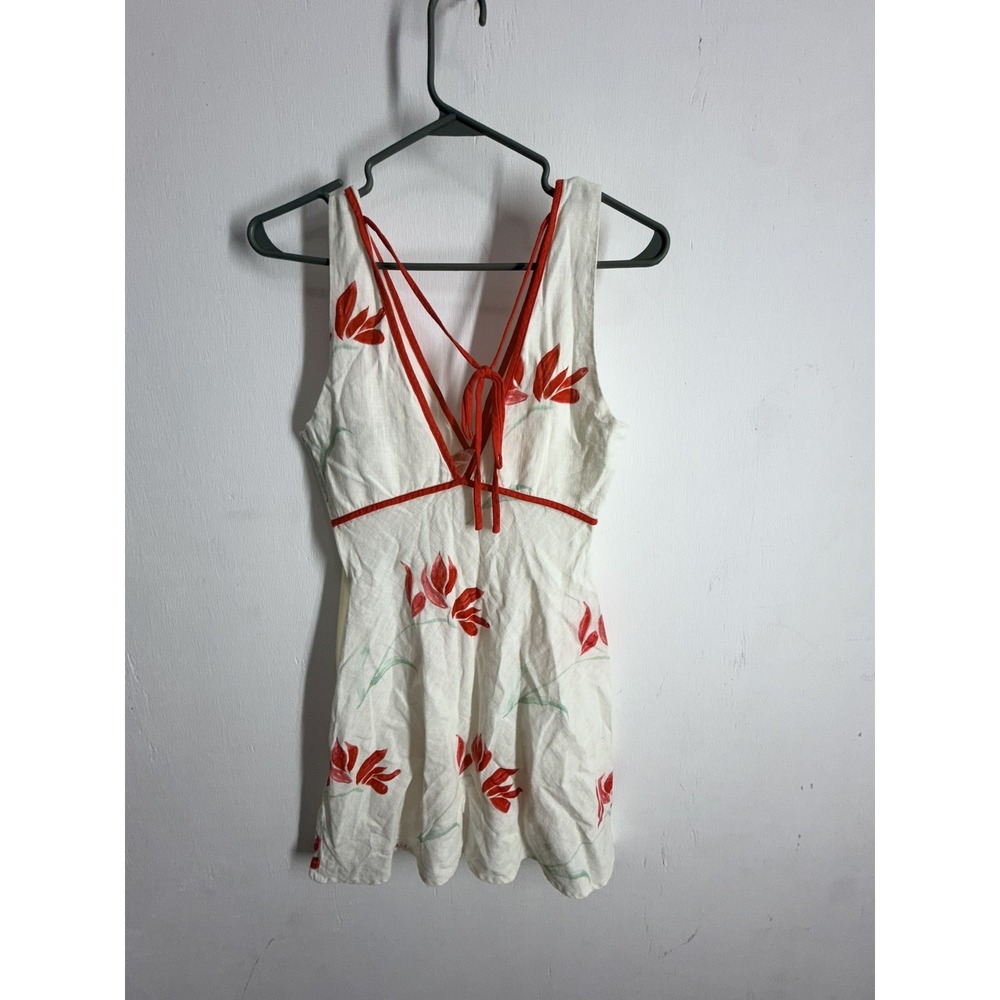 Princess Polly Floral Mini Dress White Red Linen Blend Strappy Back Size US 6